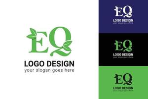 Ecology EQ letters logo with green leaf. EQ letters eco logo with leaf. Vector typeface for nature posters, eco friendly emblem, vegan identity, herbal and botanical cards etc.