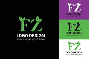 Ecology FZ letters logo with green leaf. FZ letters eco logo with leaf. Vector typeface for nature posters, eco friendly emblem, vegan identity, herbal and botanical cards etc.