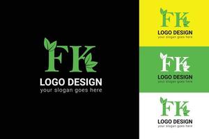 Ecology FK letters logo with green leaf. FK letters eco logo with leaf. Vector typeface for nature posters, eco friendly emblem, vegan identity, herbal and botanical cards etc.