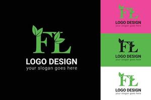 Ecology FL letters logo with green leaf. FL letters eco logo with leaf. Vector typeface for nature posters, eco friendly emblem, vegan identity, herbal and botanical cards etc