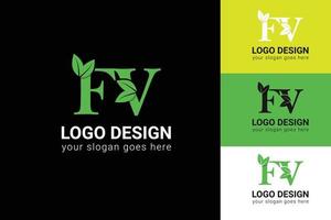 Ecology FV letters logo with green leaf. FV letters eco logo with leaf. Vector typeface for nature posters, eco friendly emblem, vegan identity, herbal and botanical cards etc.