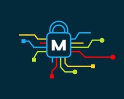 logotipo de seguridad cibernética de la letra m. ciberprotección, tecnología, biotecnología y alta tecnología vector