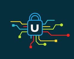 logotipo de seguridad cibernética de la letra u. ciberprotección, tecnología, biotecnología y alta tecnología vector