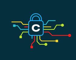 logotipo de seguridad cibernética de la letra c. ciberprotección, tecnología, biotecnología y alta tecnología vector