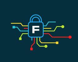 logotipo de seguridad cibernética de la letra f. ciberprotección, tecnología, biotecnología y alta tecnología vector