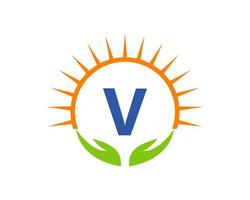 Charity Logo With Hand, Sun And V Letter Concept. Charity Logo Template Donation Organization Logotype Vector