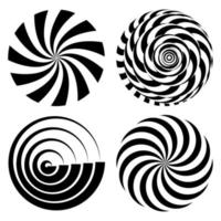 conjunto de rayos espirales radiales. ilustración psicodélica vectorial. efecto de rotación torcido. remolinos de formas monocromáticas. fondo de vórtice en blanco y negro. hipnosis en blanco y negro. ilustración de arte óptico vector