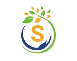 Letter S Charity Logo with Hand, Leaf and Concept. Hand Care Foundation Logotype vector