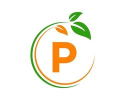 concepto de logotipo ecológico de letra p con símbolo de hoja vector