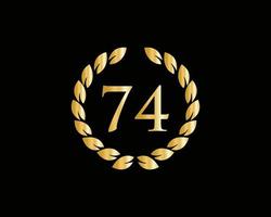 Logotipo del aniversario de 74 años con anillo dorado aislado en fondo negro, para cumpleaños, aniversario y celebración de la empresa vector