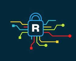 Letter R Cyber Security Logo. Cyber Protection, Technology, Biotechnology and High Tech vector