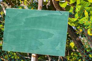 Green turquoise blank sign for labeling on beach nature Mexico. photo