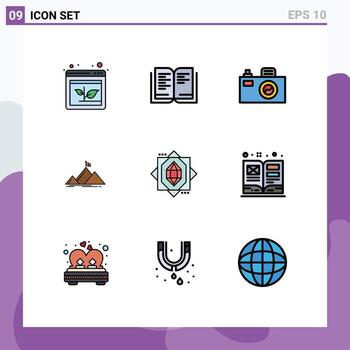 9 User Interface Filledline Flat Color Pack of modern Signs and Symbols of art forming image core peak Editable Vector Design Elements