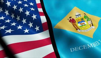 3D Waving United States of America and Delaware Merged Flag Closeup View photo