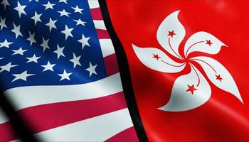 3D Waving United States of America and Hong Kong Merged Flag Closeup View photo