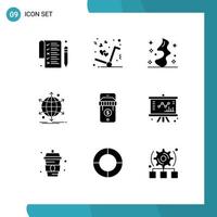 Pack of 9 creative Solid Glyphs of shop web smoke network international Editable Vector Design Elements