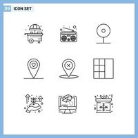 Universal Icon Symbols Group of 9 Modern Outlines of grid place media navigation heart Editable Vector Design Elements