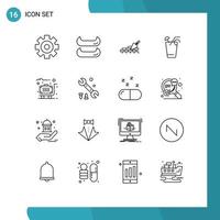 paquete de 16 signos y símbolos de contornos modernos para medios de impresión web, como maletas, construcción de equipaje, alimentos, elementos de diseño de vectores editables