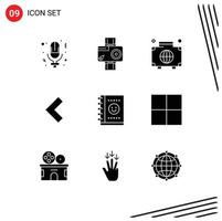 9 concepto de glifo sólido para sitios web móviles y aplicaciones portátiles flecha de foto trasera elementos de diseño de vectores editables internacionales