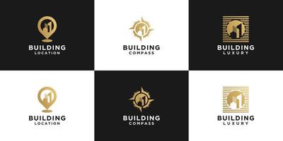 colección creativa de logotipos de edificios, edificios de ubicación y edificios de brújula vector