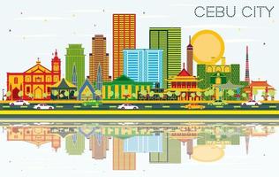 Cebu City Philippines Skyline with Color Buildings, Blue Sky and Reflections. vector