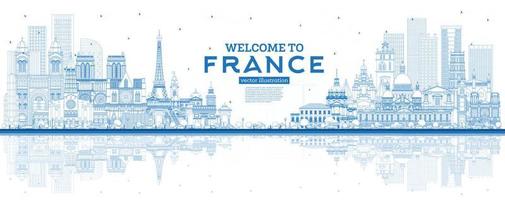 Outline Welcome to France Skyline with Blue Buildings and Reflections. vector