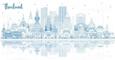 Outline Thailand City Skyline with Blue Buildings and Reflections. vector
