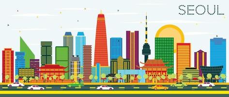 Seoul Korea Skyline with Color Buildings and Blue Sky. vector