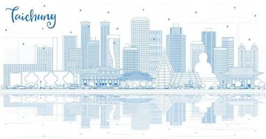 Outline Taichung Taiwan City Skyline with Blue Buildings and Reflections. vector