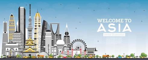 Welcome to Asia Skyline with Gray Buildings and Blue Sky. vector