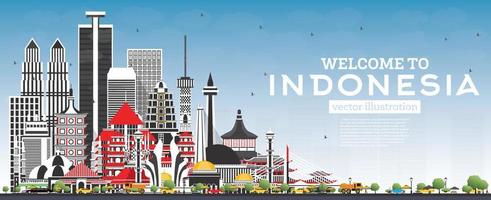 Welcome to Indonesia Skyline with Gray Buildings and Blue Sky. vector