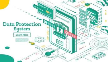 Data Protection System Isometric. Cyber Security and Privacy. Traffic Encryption. VPN. vector