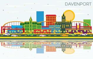 Davenport Iowa Skyline with Color Buildings, Blue Sky and Reflections. vector