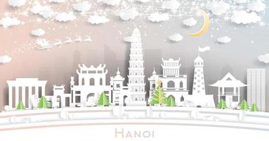 horizonte de la ciudad de hanoi vietnam en estilo de corte de papel con copos de nieve, luna y guirnalda de neón. vector