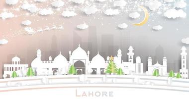 el horizonte de la ciudad de lahore pakistán en estilo de corte de papel con copos de nieve, luna y guirnalda de neón. vector