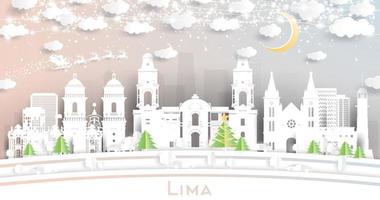 horizonte de la ciudad de lima perú en estilo de corte de papel con copos de nieve, luna y guirnalda de neón. vector