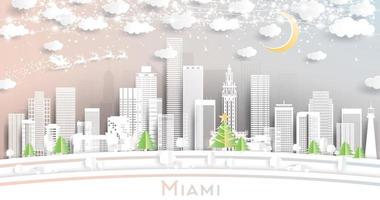 horizonte de la ciudad de miami florida en estilo de corte de papel con copos de nieve, luna y guirnalda de neón. vector