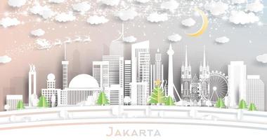 Jakarta Indonesia City Skyline in Paper Cut Style with Snowflakes, Moon and Neon Garland. vector