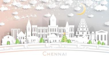 horizonte de la ciudad de chennai india en estilo de corte de papel con copos de nieve, luna y guirnalda de neón. vector