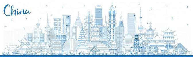 Outline China City Skyline with Blue Buildings. vector