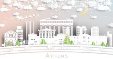 Athens Greece City Skyline in Paper Cut Style with Snowflakes, Moon and Neon Garland. vector