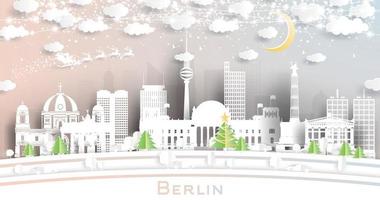 el horizonte de la ciudad de berlín, alemania, en estilo de corte de papel con copos de nieve, luna y guirnalda de neón. vector