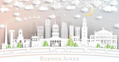 horizonte de la ciudad de buenos aires argentina en estilo de corte de papel con copos de nieve, luna y guirnalda de neón. vector