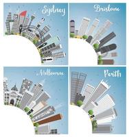 Australian Cities. Sydney Brisbane Perth and Melbourne City Skyline with Gray Buildings, Blue Sky and Copy Space. vector