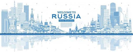 Outline Welcome to Russia Skyline with Blue Buildings. vector