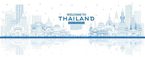 Outline Welcome to Thailand City Skyline with Blue Buildings and Reflections. vector