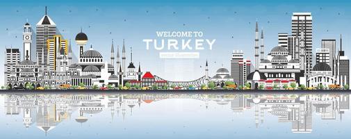 Welcome to Turkey Skyline with Gray Buildings, Blue Sky and Reflections. vector