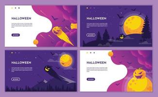 Purple halloween night event party with pumpkin invitation. landing page website, background and banner design template. vector