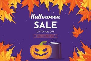 Halloween Sale with pumpkin and autumn leaves. banner and background vector illustration