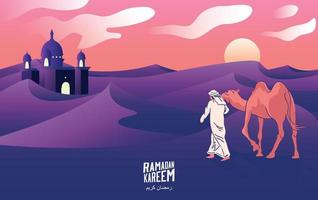 A man's journey with Camels through the desert at night in welcoming Ramadan Kareem, vector illustration. -Vector